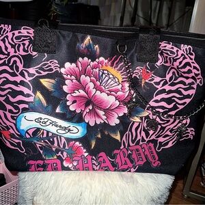 Ed Hardy Black and Pink Floral Tote